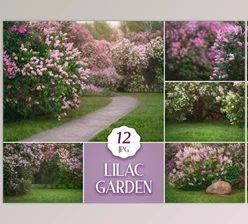 Download 12 Lilac Garden Backdrops, Summer Digital Photoshop Backgrounds with Flowering Trees & Green Grass for Photographers