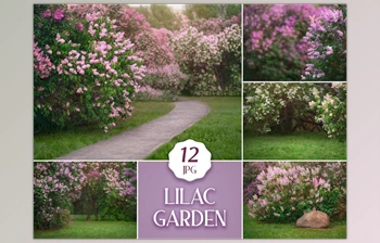 Download 12 Lilac <span class='badge badge-warning'>Garden</span> Backdrops, Summer Digital Photoshop Backgrounds with Flowering Trees & Green Grass for Photographers