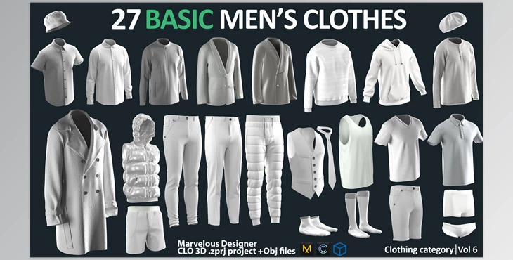 Download Artstation – 27 BASIC MEN’S CLOTHES PACK / Marvelous Designer / CLO3D + ZPRJ + OBJ + material