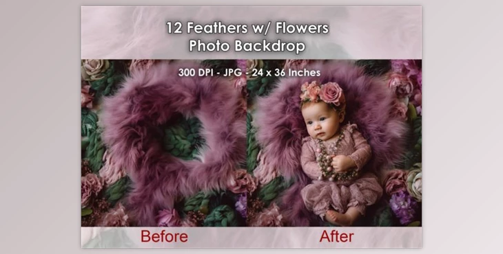 Download 12 Feathers W/ Flowes Photo Backdrop JPG