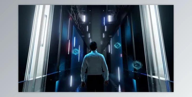 Download Digital Disruption Man in Futuristic Office Interior Moving and Activating Hologram (VideoHive 47613183)