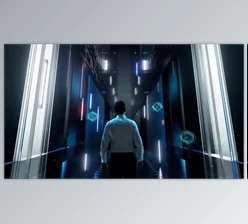 Download Digital Disruption Man in Futuristic Office Interior Moving and Activating Hologram (VideoHive 47613183)