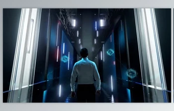 Download Digital Disruption Man in Futuristic Office Interior Moving and Activating <span class='badge badge-warning'>Hologram</span> (VideoHive 47613183)