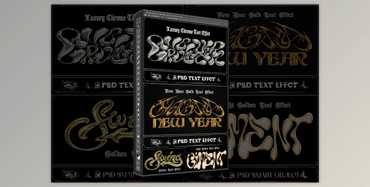 Download Bundle 4 PSD Y2K Golden Text Effect - 92004790