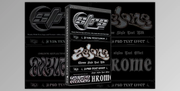 Download Bundle 4 PSD Y2K Chrome Text Effect - 92004787