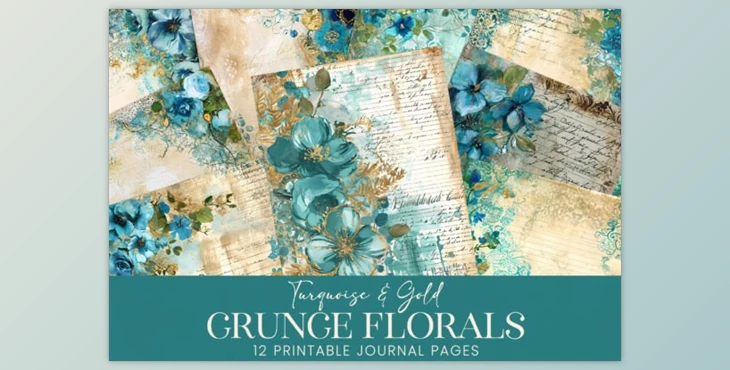Download Turquoise Grunge Watercolor Floral Pages 88361096
