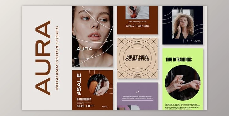Download AURA – BEAUTY INSTAGRAM POSTS & STORIES PACK (Videohive 50797688) - AE Project