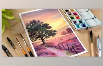 Download <span class='badge badge-warning'>Watercolor</span> Sunset <span class='badge badge-warning'>Painting</span>: Learn to Paint Pink Sunset and Tree