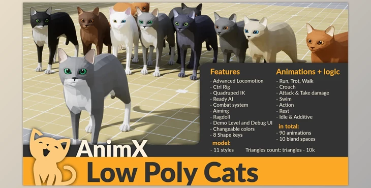 Download Unreal Engine - AnimX: Low Poly Cats (Engine version 4.26- 4.27, 5.0- 5.2)